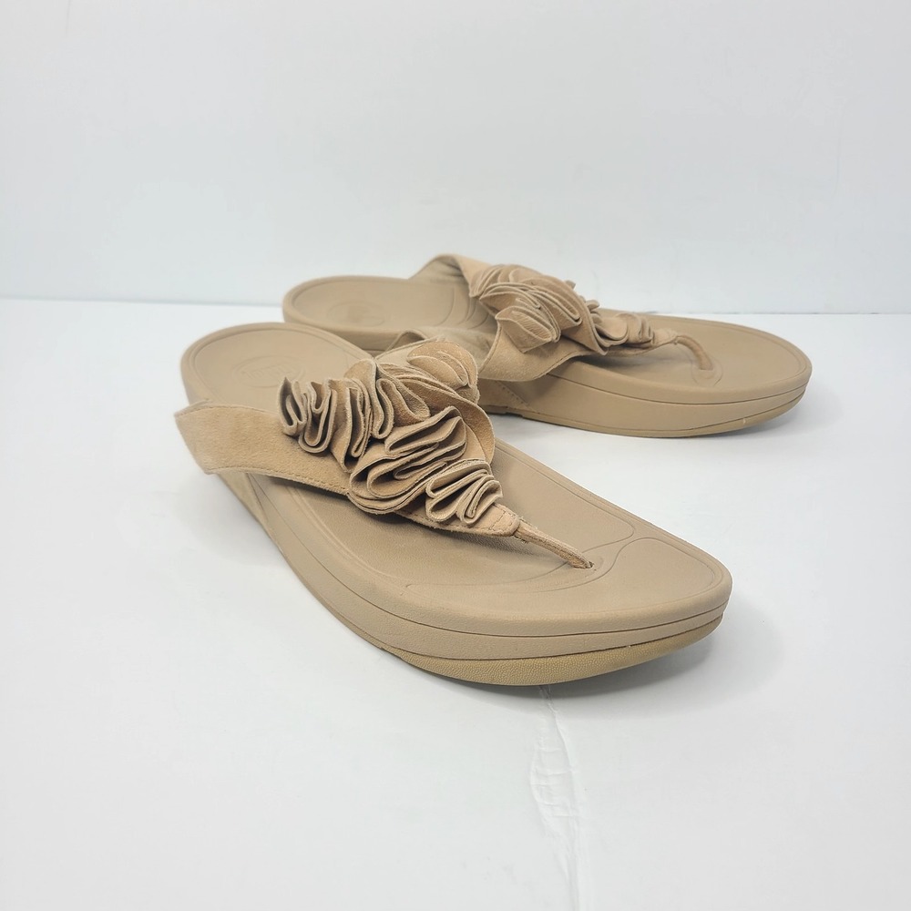 FitFlop Frou Beige Ruffle Nubuck Slip On Slide Sandals Women's Size EU 41‎ US 9